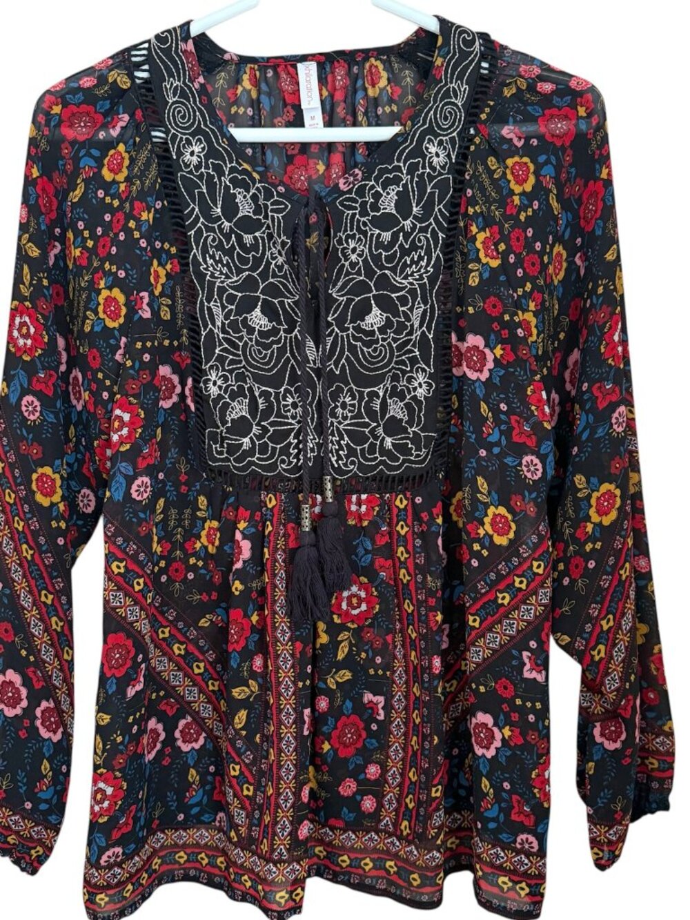 Boho Floral Embroidered Peasant Top M Tassel Dark Fairy Whimsigoth Cottagecore